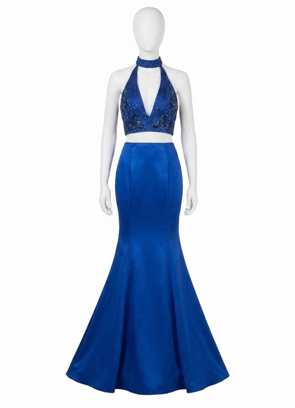 NEW RACHEL ALLAN two piece long halter prom dress in royal